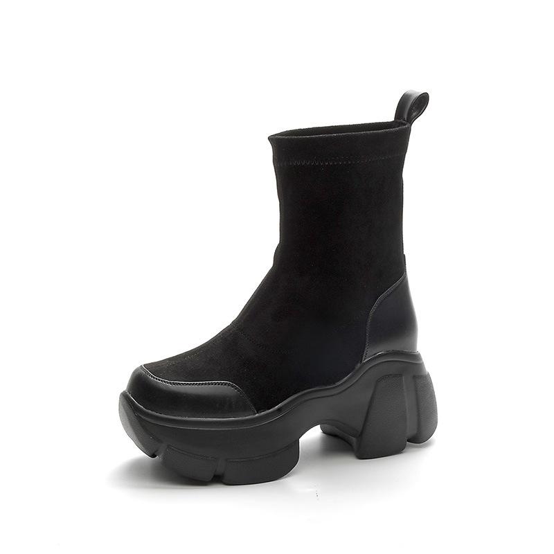 Black Stretch Boots Autumn New Inner Height Increase Breathable High Heel Short Boots Thin Boots Women's Socks Boots