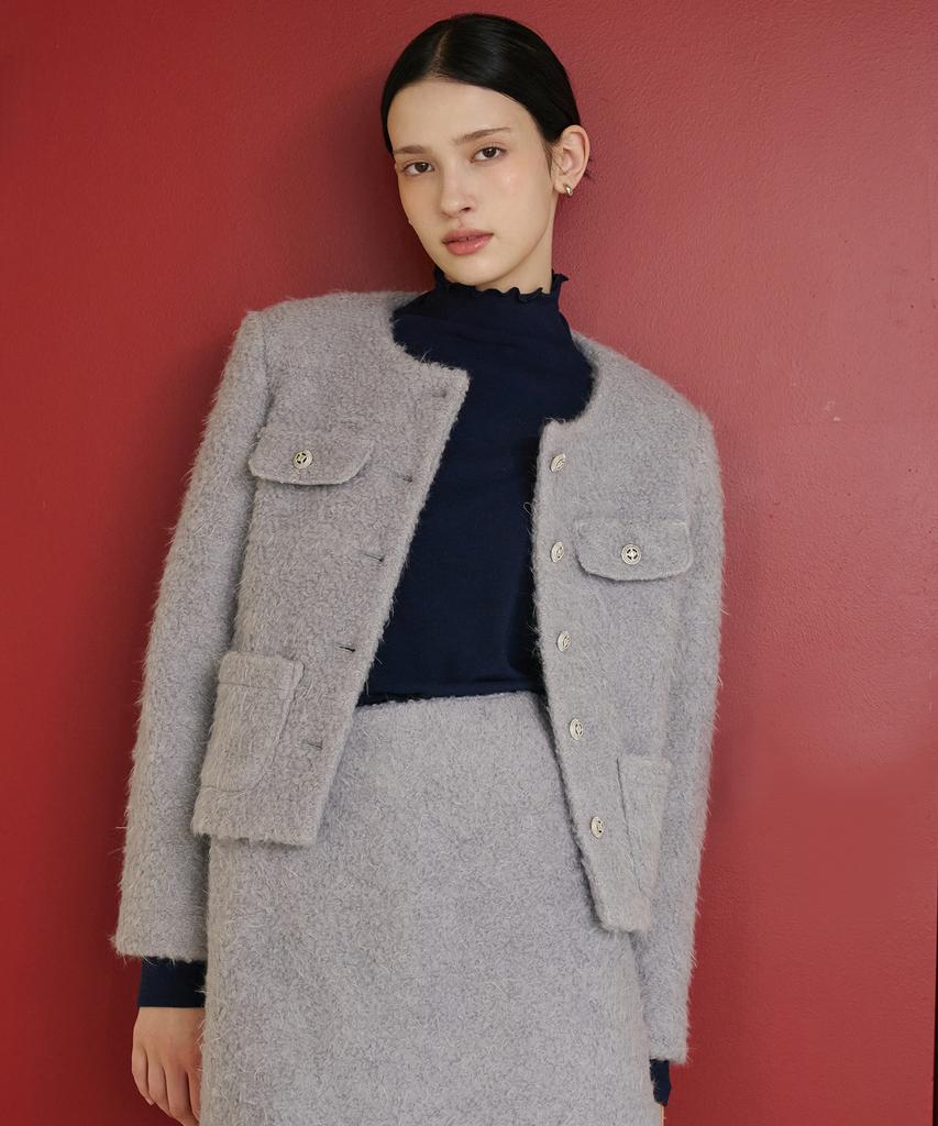 Bye Bye Seop [Set] Boucle Wool Jacket + Skirt Ash Purple