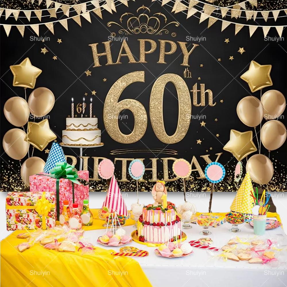 60th Birthday Backdrop Woman Man 60 Years Old Birthday Decorations Party Supplies Glitter Balloons Sixty Banner Photo Shoot Prop