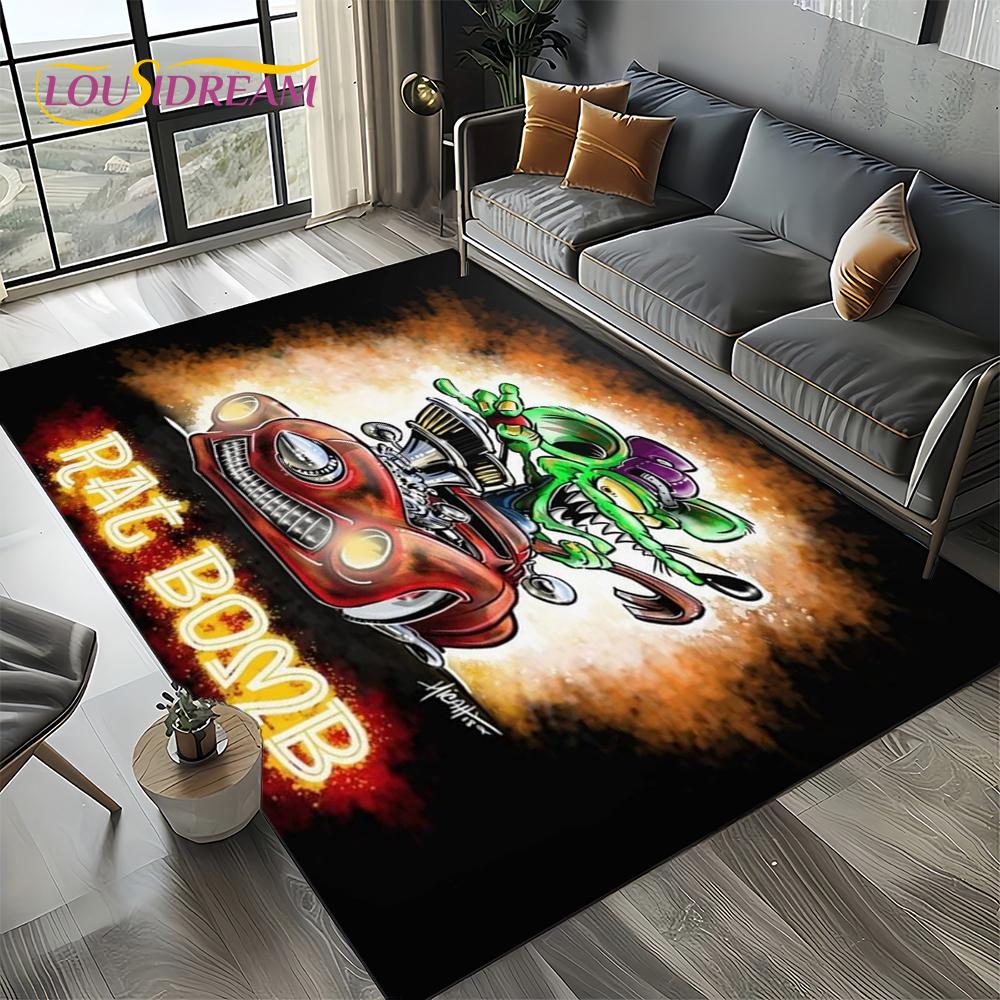 RF Lustige Rat Fink Cartoon Motorrad Schild Teppich Teppich für Wohnzimmer Schlafzimmer Haus Sofa Dekoration, Teppich Rutschfeste Fußmatte