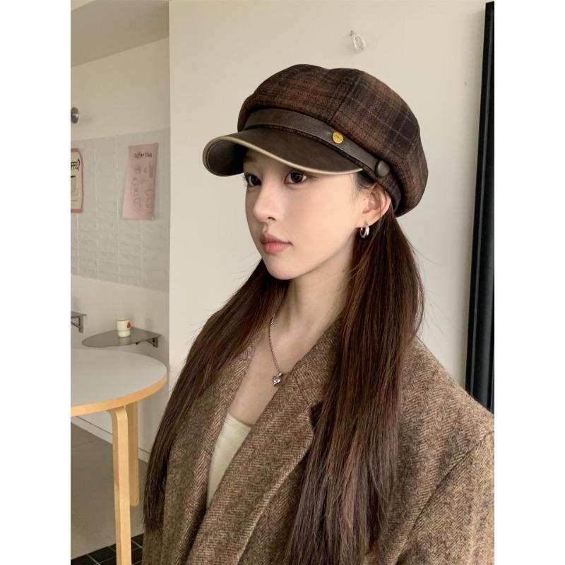 Women S Vintage Plaid Wool Blend Newsboy Cap With Leather Brim Fall Winter Korean Style Versatile