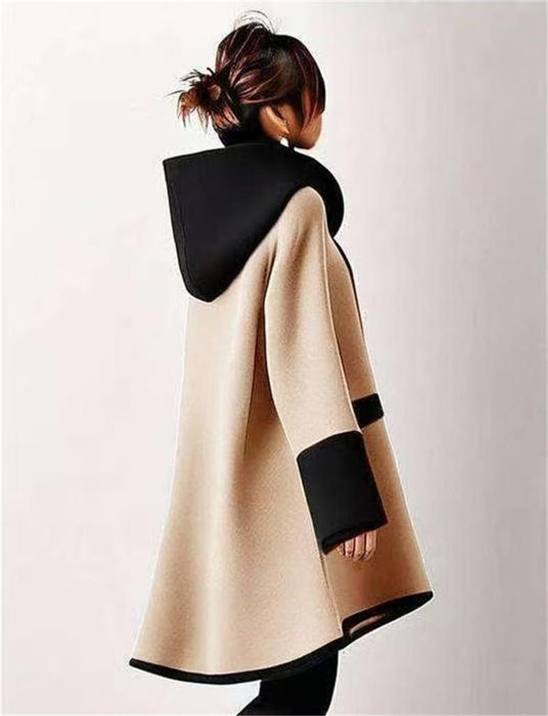 [YUANYUAN] Women's Color-Matching Trench Coat, Long Outerwear, Long Jacket, Hooded, Glue Neck, Long Sleeves, Single Button, Windproof, Casual, Relaxed
