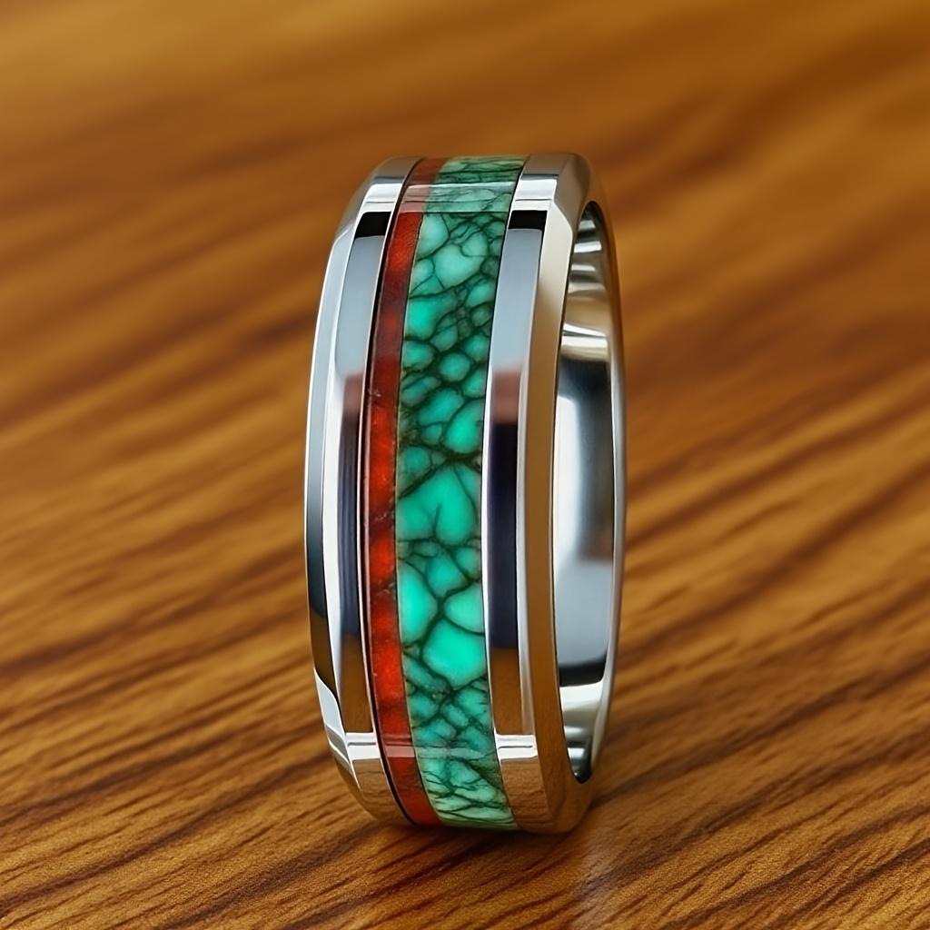 Wholelsale 8MM Malachite Inlay Men's Stainless Steel Rings Red Green Marble Women Wedding Band Jewelry Polished Steel Party Ring