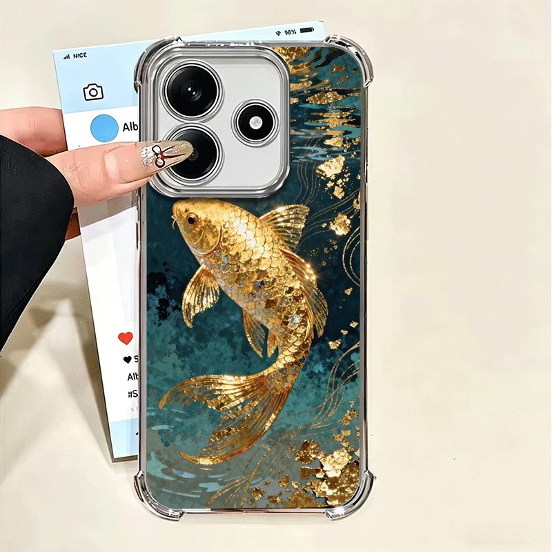 Golden Carp Lucky Koi Plating Phone Case For Xiaomi Poco X5 X6 X7 X8 Pro Max F8 Ultra F7 M8 M7 M5S Redmi 15C 15 14C 13C 13 X3 12