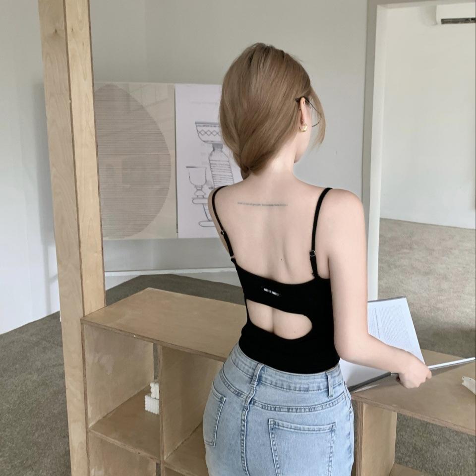 #Summer New Pure Desire Wind Hollow Splicing Contrasting Color Sling Vest, Slim One-piece Top with Chest Pad