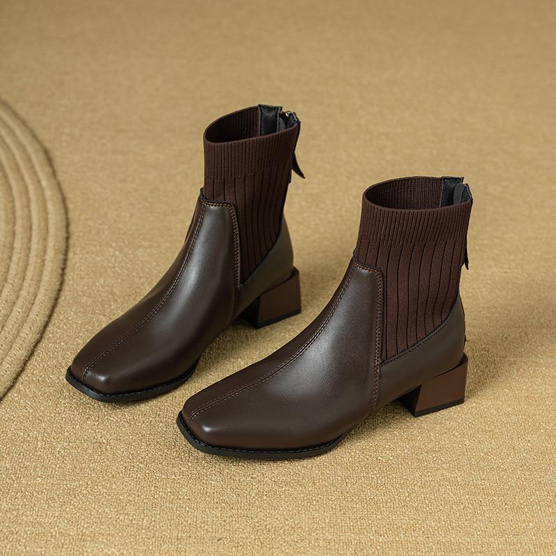 Autumn Winter Women Thick Heel Ankle Boots Fashion Leather Knitted Combination Shoes Square Toe Modern Short Botas Para Mujer