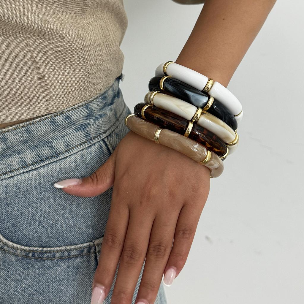 Vintage Stackable Acrylic Bracelets for Women Bohemian Round Retro Tube Beaded Bracelet Bangles Leopard Resin Elastic Bangle Jewelry Gift