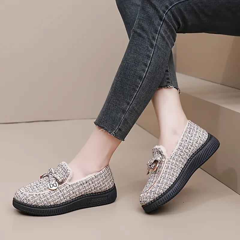 Women's Houndstooth Slip-On Moccasin-Style Shoes - Fleece-Lined Thick & Warm All-Season Comfort, Non-Slip EVA Sole, Round Toe Design with Lining