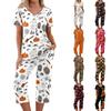 Women's Two Piece Set Halloween Print Short Sleeve Top and Capri Pants Casual Lounge Wear Set for Relaxed Fit Comfort and Seasonal Style