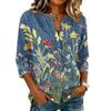 Women Vintage Floral Print Henley Button Neck Three Quarter Sleeve Linen Cotton Blouse Casual Loose Fit Shirt