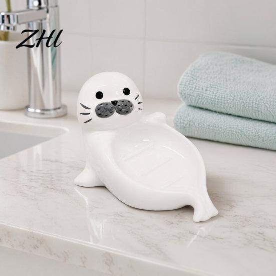 Ceramic Soap Stand Cute Seal Dish, with Self-Draining Design, Sponge Bathroom Storage Box Organizer Tray, for Countertop And Kitchen Sink Durable