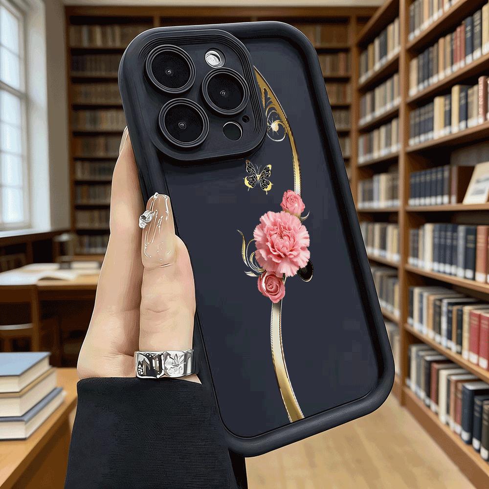 Pink Carnation Golden Swirls Luxury Anti-Slip TPU Phone Case For Xiaomi Redmi Note 15 14 13 12 11 10 9 Pro Full Protective Cover