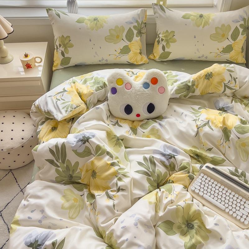 Class A Maternal And Infant Grade Ins Small Fresh Thickened Abraded Four-Piece Set Skin-Friendly Sheets Washed Cotton Quilt Cover Dormitory 3Pcs Set