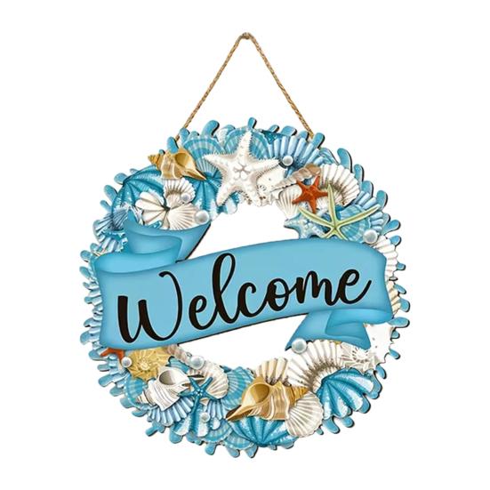 Yousheng Welcome Summer Sign Shells Starfish Wall Hanging Wreath Farmhouse Coastal Beach Wooden Round Door Hanger for Front Door Porch Courtyard