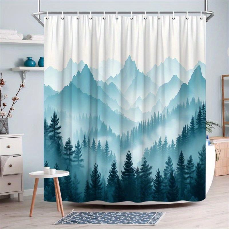 1 Realistic Mountain Scene Shower Curtain - Pine Trees, Misty Blue Mountains Design, Polyester Fabric, Machine Washable