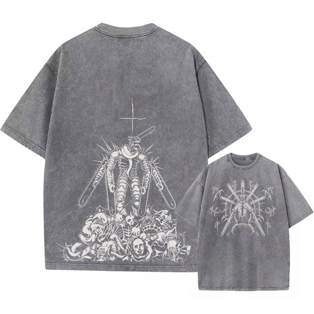 Anime Chainsaw Wash T-shirts Homme T-shirt Délavé Vintage Harajuku Oversize Coton Tee Coton Mode Streetwear Haut Unisexe