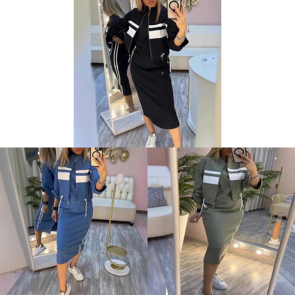 Womens Autumn Casual Zipper Green Dress Suit With Patching For Daily Wear