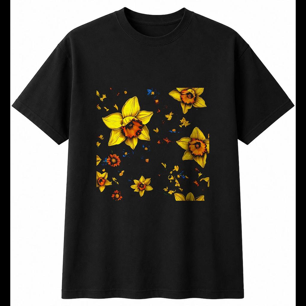 Psychedelic Daffodil with Flowers Nature Mens T-Shirt Black 100% Cotton Printed