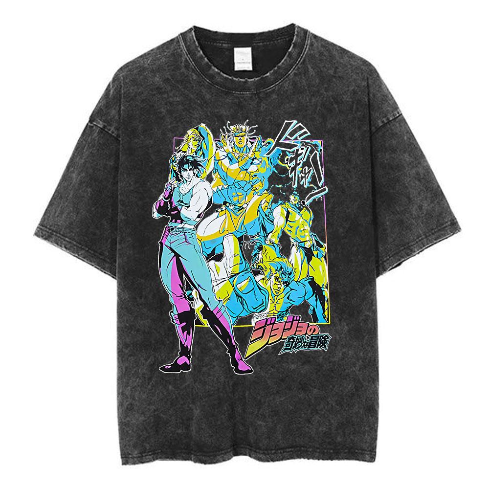 Vintage Washed Anime Jojo Bizarre Adventure T-shirt Giorno Giovanna Manga Graphic T-shirts Men's Clothing Cotton Casual T Shirts