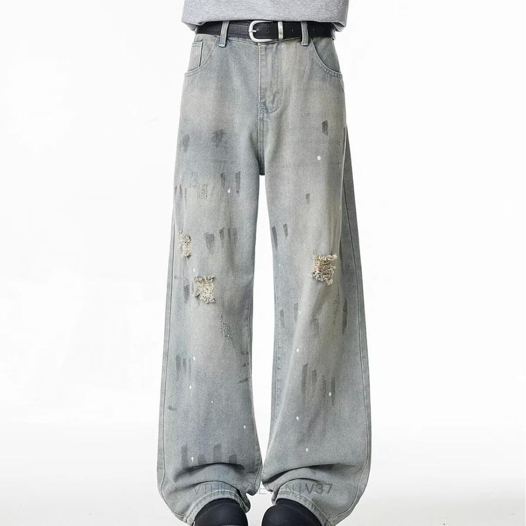 American High Street New Ink Splashing Ripped Jeans Men's Old Trend Versatile Loose Straight Blue Pants