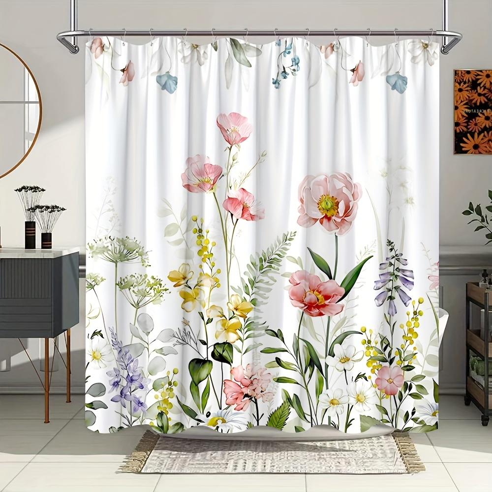 Charming Floral Bath Curtain - Delicate Flowers & Green Leaves, Waterproof Home Decor Adds Natural Beauty to Your Bathroom