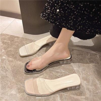Nouvelles pantoufles d'été pour sortir, sandales à bout carré et bout ouvert, talon mi-épais, talons hauts, cristal transparent, sandales une bride