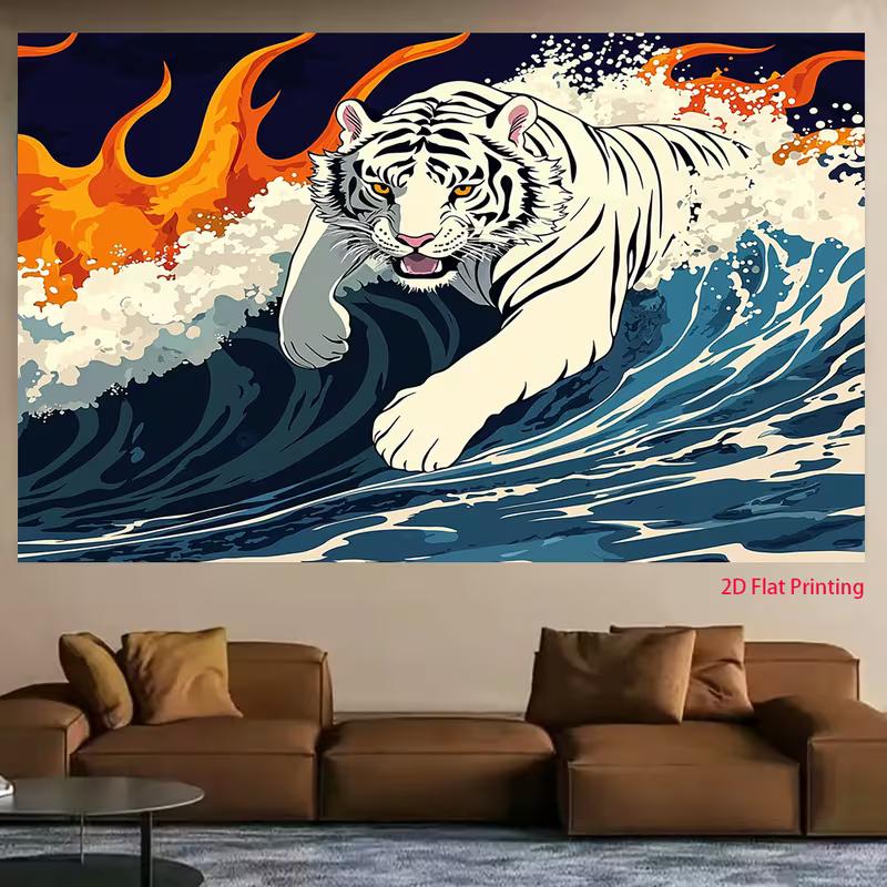 2D Tiger Fire & Water Backdrop 2D White Tiger Ocean Wave Art Photo Background for Themed Shoot