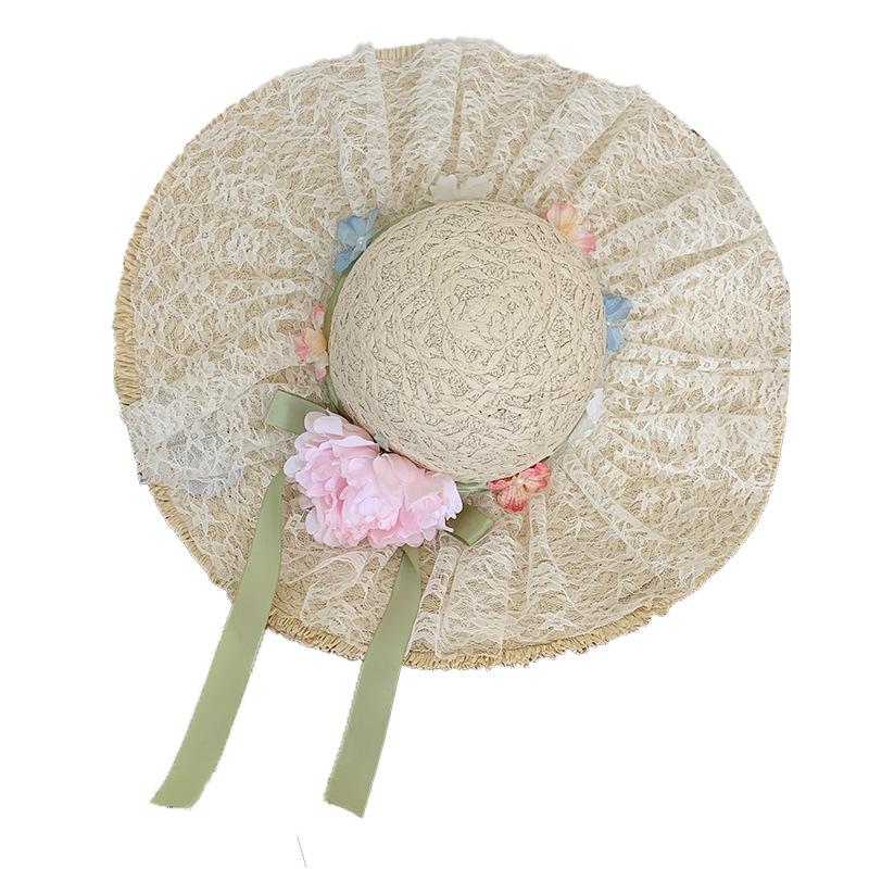 Flower bow lace raffia straw hat women's seaside beach vacation style big brim sun protection sun hat