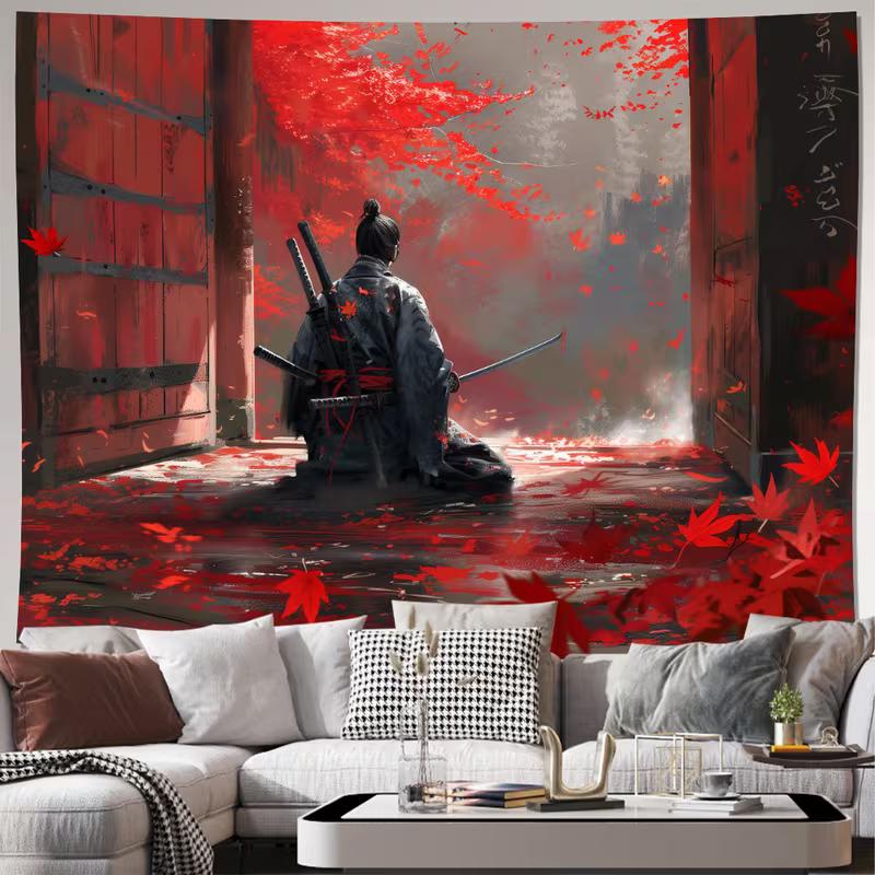 2D Japanische Samurai Ronin Wandteppich, Rote Blätter Tempeltor Wandkunst für Heimdekoration