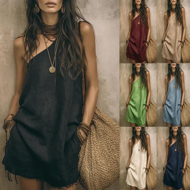 Women's Solid Color Asymmetric One Shoulder Linen Texture Loose Pocket Short Mini Vacation Dress