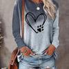 Heart and Paw Print Crew Neck T-shirt, Spring and Autumn Casual Long-sleeved Tops, Women's Clothing
