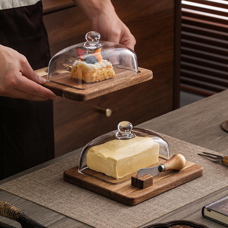 Butter Dish with Glass Lid Wooden Base Butter Keeper Saver with Cover for Table, Kitchen Countertop, Refrigerator With Knife