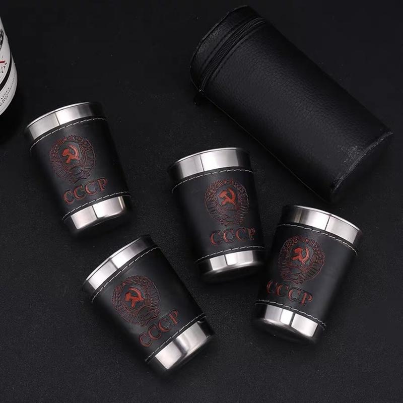 4 vnt./kompl. Degtinės taurė 304 PU dėklas Rusija Nerūdijančio plieno mini vyno taurė Nešiojamas personalizuotas 30 ml/75 ml/170 ml šotų stiklinių rinkinys