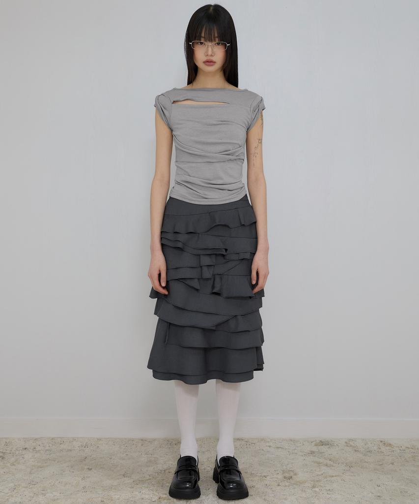 Peulleeoeob Asymmetrical Draped Roll-Up T-Shirt (Fl-165_Gray)