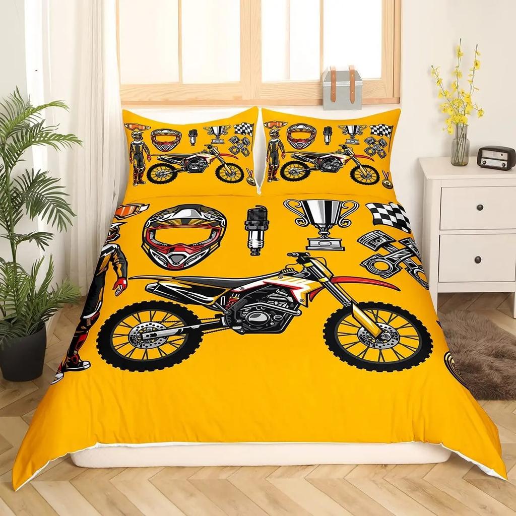 Motocross Bedding Set Full Motorcycle Racer Comforter Cover Extreme Sport Duvet Cover Dirt Bike Motor Vehicles Biker Quilt Cover