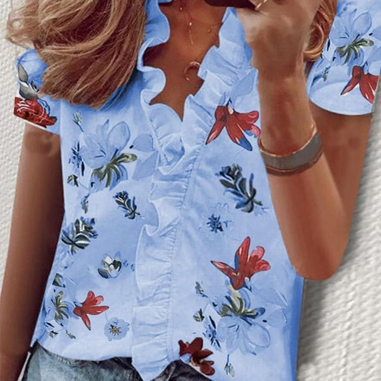 Spring and Summer New Short Sleeve Ruffle Shirt Fashion Women Blouse