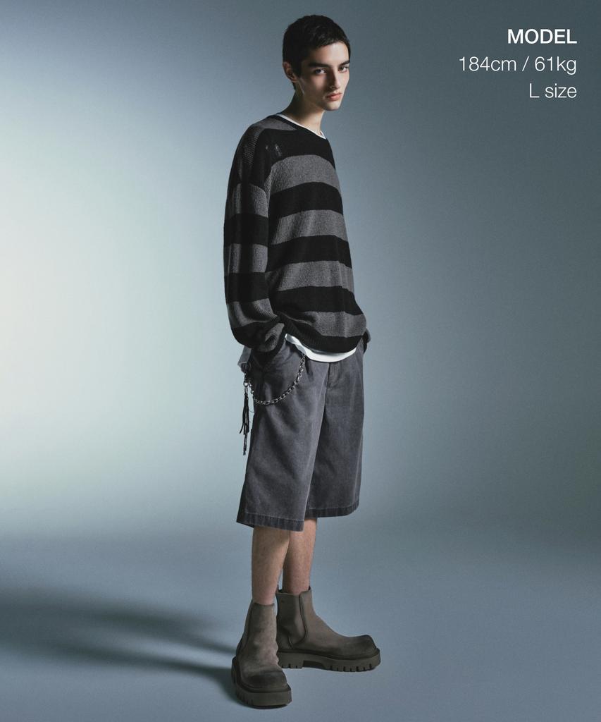 MUSINSA STANDARD 90S Grunge Stripe Crew Neck Knit [Gray/Black]