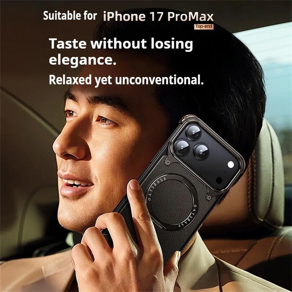 Luxury Genuine Leather for Magsafe Magnetic Wireless Charge Case for iPhone 17 16 15 14 13 Pro Max 360° Rotatable Ring Stand Shockproof Cover
