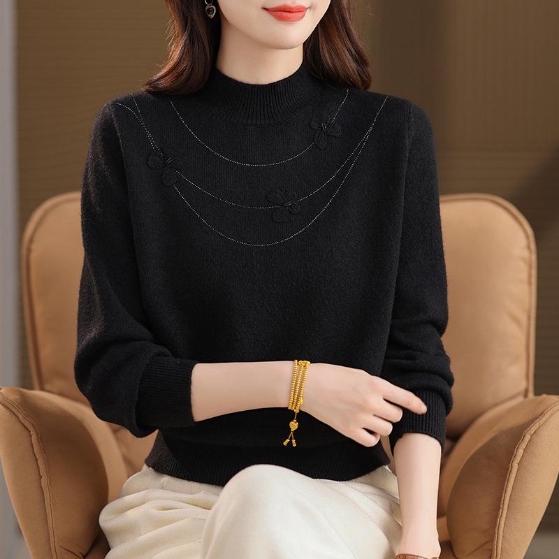 Mom's Winter Knit Half-Neck Sweater for Middle-Aged & Elderly Women - Versatile Autumn/Winter Pullover Top