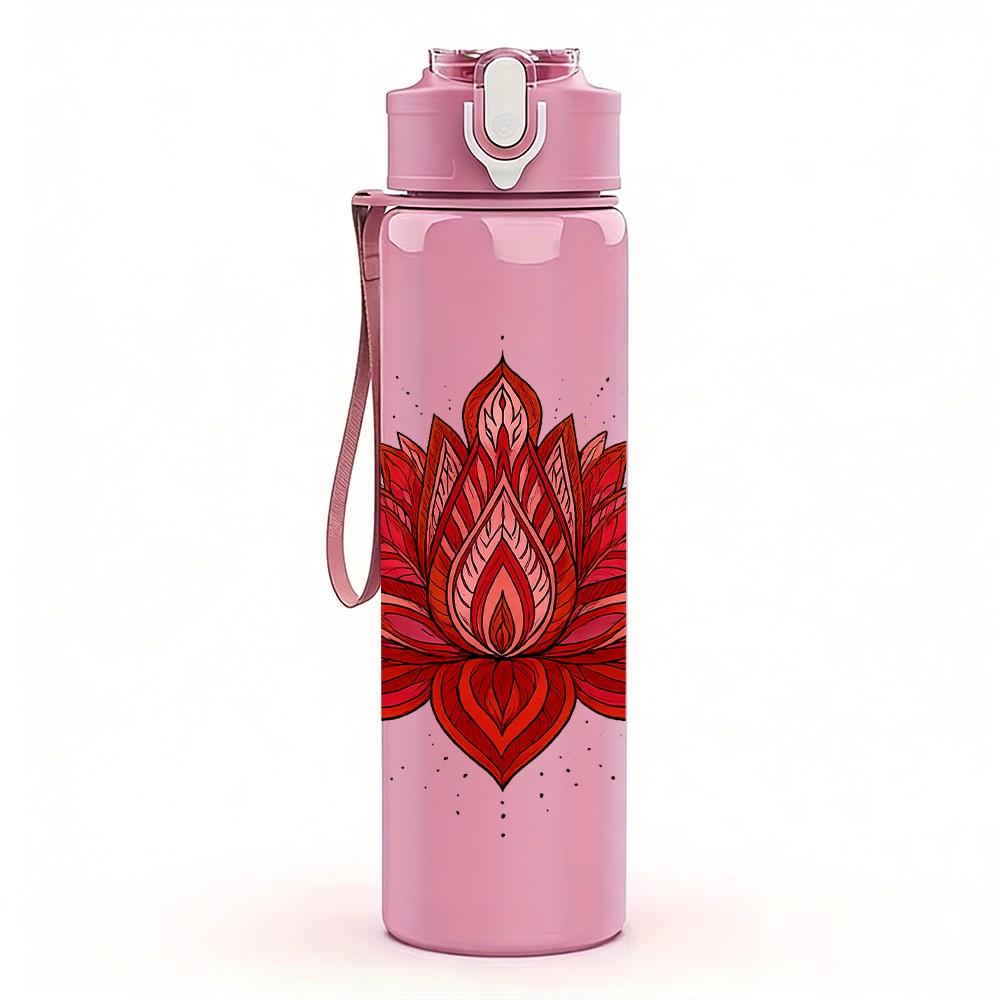 1PC Red Lotus Flower Mandala 750ml Color Plastic Sports Water Bottle Leakproof Flip Straw Lid Suitable for Sports Office Home Use