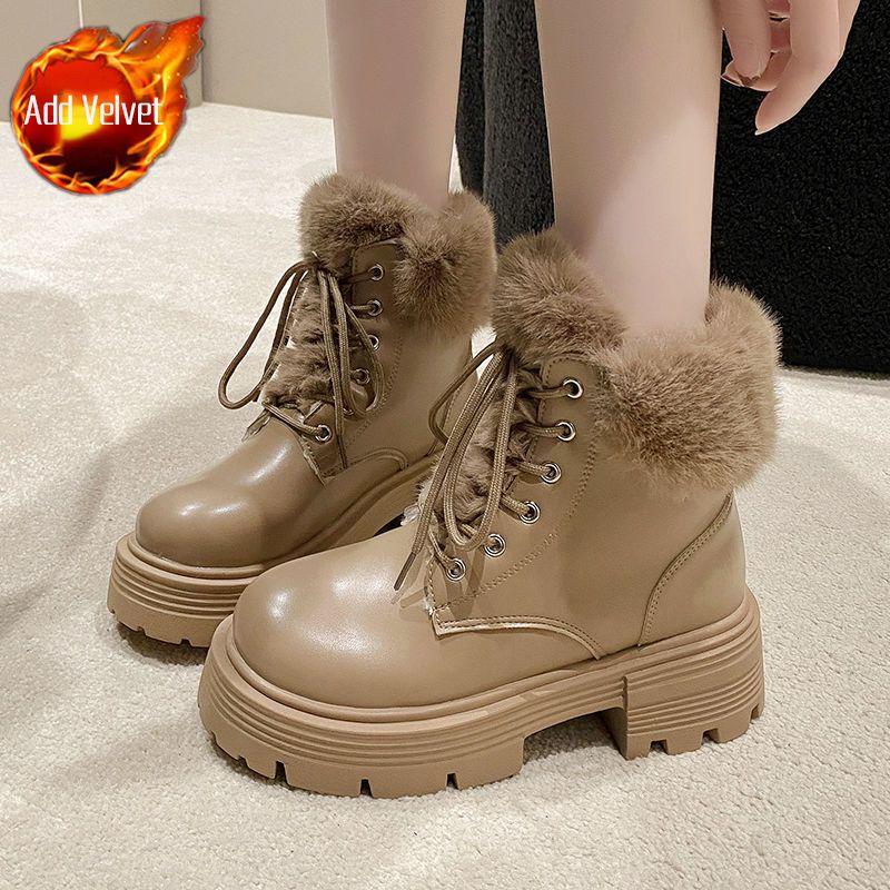 Leather Platform with Laces Booties Plush Round Toe Women's Snow Boots Waterproof Ladies Shoes Work Chic and Elegant Footwear