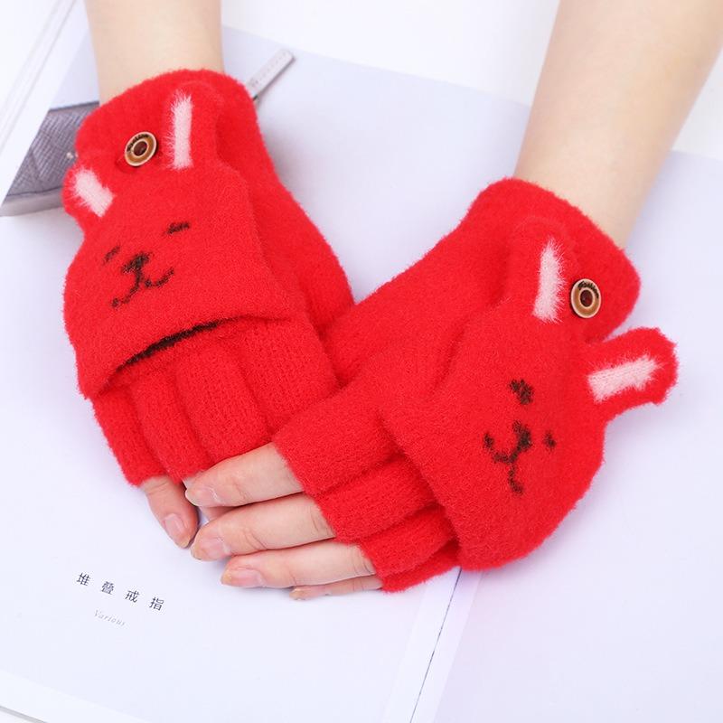 Student Writing Half Finger Flip Gloves Plush Cute Rabbit Face Girl Exposed Fingers To Keep Warm Female Winter