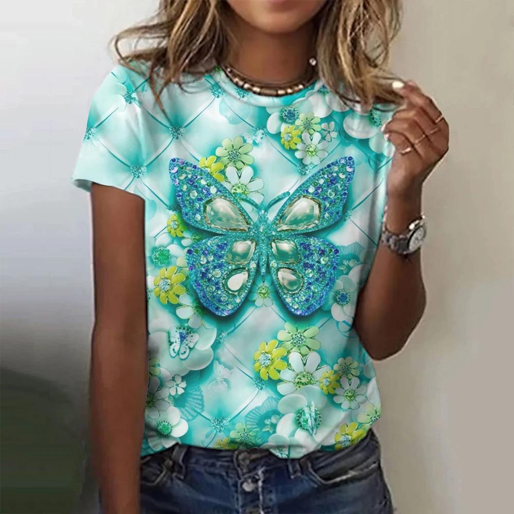2024 Fashion Women's T-Shirt 3D Butterfly Print Crew Collar Short Sleeve Luxury Women's T-Shirt Oversized Y2K Clothing for Girls