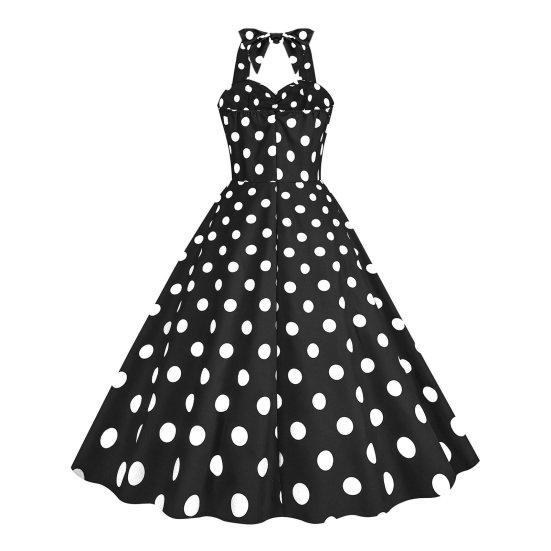 Vintage-Kleid für Damen im 50er-Jahre-Stil, A-Linie, großer Swing, ärmellos, Punktdruck, Kontrastfarbe, elastische Brust, Neckholder, hohe, enge Taille, rückenfrei, knielang