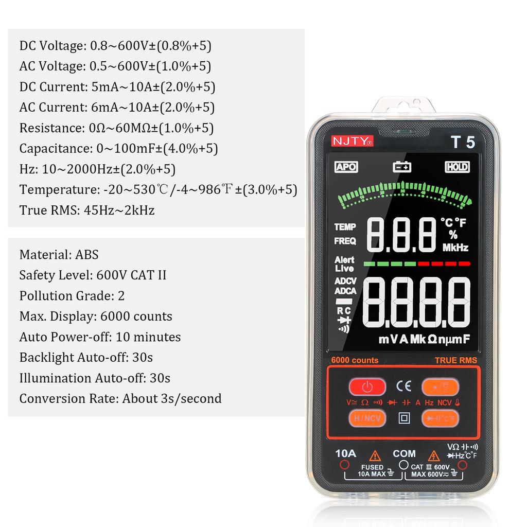 Multimetru NJTY T5 6000 de numărări True RMS Tester digital universal Ecran LCD mare de 3,8 inci