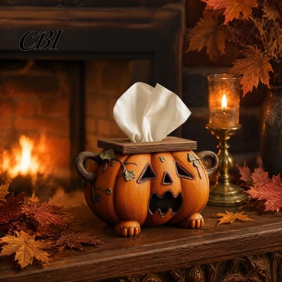 Funktionale Feiertagsdekoration Halloween Kürbis Taschentuchbox, Harz Dekorativer Gesichtsspender, Tisch Kreativer Papierhandtuchhalter für Küchentheke Party