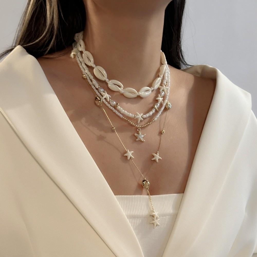 Multi-layer Starfish Pendant Necklace Ocean Style Imitation Pearl Shell Conch Necklace Bohemian Clavicle Chain Summer Beach