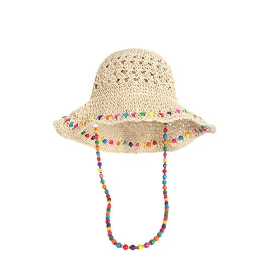 Straw Hat Large Brim Sun Protection Wide Brim Beach Hat with Ethnic Beads