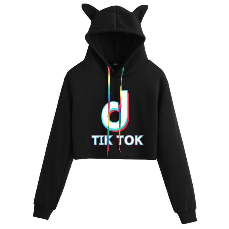 Women Tok Tik Short Pullover Hoodie Spring Autumn Sweatshirt Jumper Tops Crop
