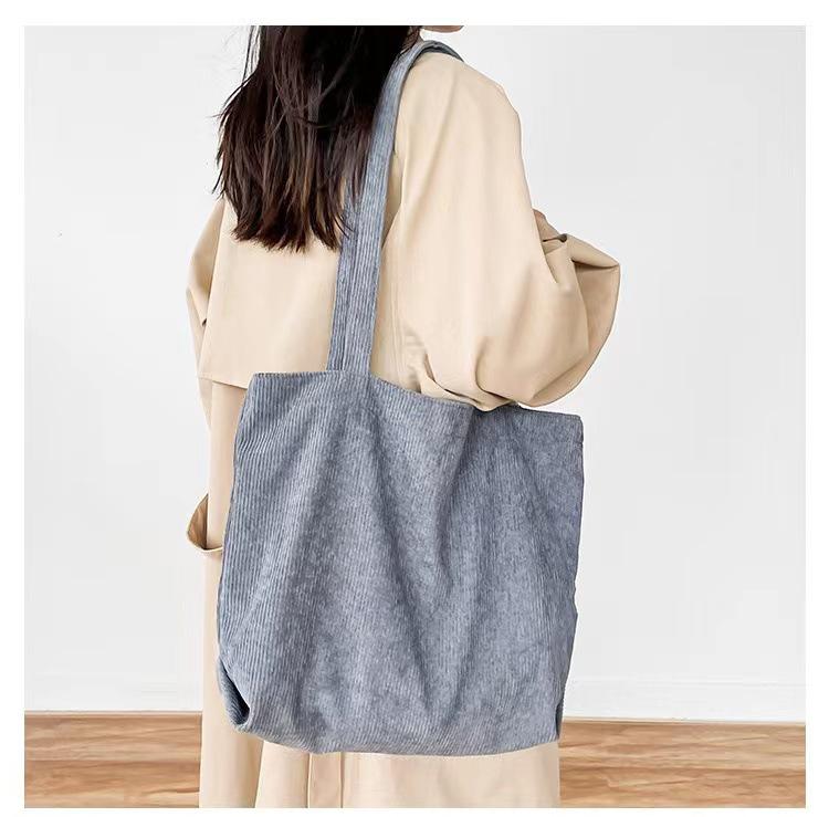 Bolsa Tote de Lona Corduroy - Grande Capacidade, Estilo Coreano, Bolsa de Ombro Única de Pelúcia